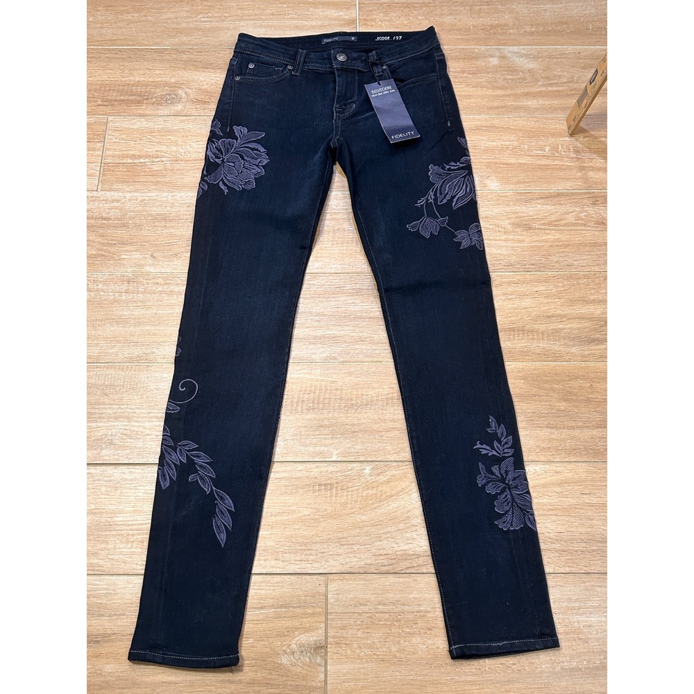 Fidelity Scoop Low Rise Skinny Jeans Embroidered‎ Floral Dark Wash Size 27 NEW